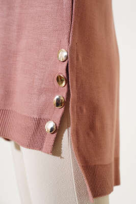 Yan Yırtmaçlı Düğmeli Triko Tunik Gül Kurusu - Thumbnail