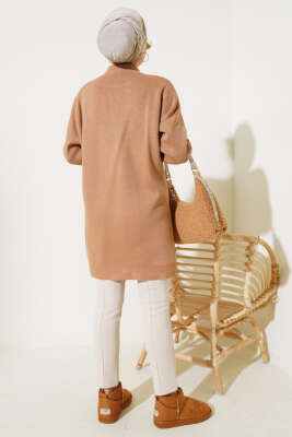 Yan Yırtmaçlı Düğmeli Triko Tunik Büsküvi - Thumbnail