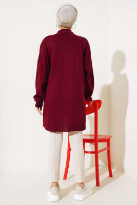 Yan Yırtmaçlı Düğmeli Triko Tunik Bordo - Thumbnail