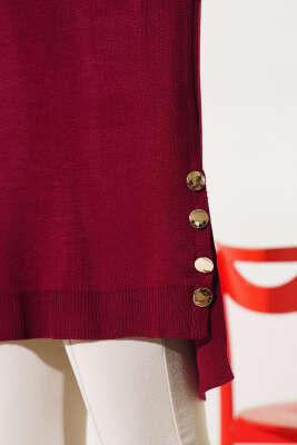 Yan Yırtmaçlı Düğmeli Triko Tunik Bordo - Thumbnail