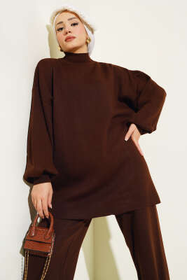 Balon Kol Basic Triko İkili Takım Kahve - Thumbnail