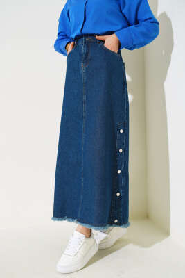 Düğme Detaylı Püsküllü Kot Etek Koyu Mavi - Thumbnail