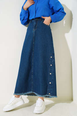 Düğme Detaylı Püsküllü Kot Etek Koyu Mavi - Thumbnail