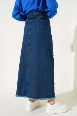 Düğme Detaylı Püsküllü Kot Etek Koyu Mavi - Thumbnail