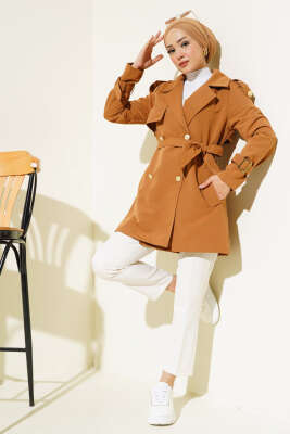 Omuz Apoletli Kısa Trençkot Taba - Thumbnail