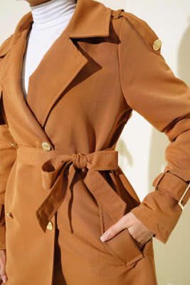 Omuz Apoletli Kısa Trençkot Taba - Thumbnail