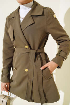 Omuz Apoletli Kısa Trençkot Haki - Thumbnail