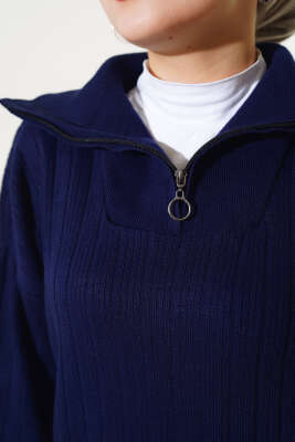 Fitilli Yarım Fermuarlı Düz Triko Elbise Lacivert - Thumbnail