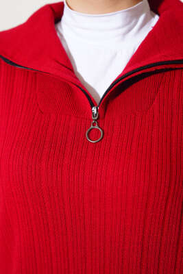 Fitilli Yarım Fermuarlı Düz Triko Elbise Kırmızı - Thumbnail