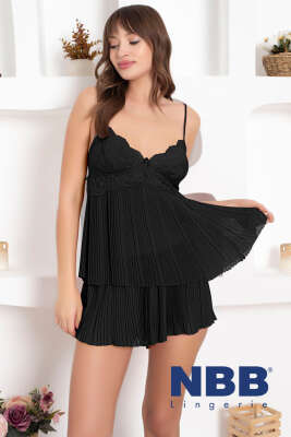 Pazarium - NBB Şortlu Pliseli Gecelik Takım Siyah