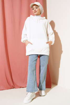 Kapüşonlu Oversize Sweat Ekru - Thumbnail