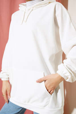 Kapüşonlu Oversize Sweat Ekru - Thumbnail