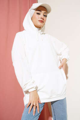 Kapüşonlu Oversize Sweat Ekru - Thumbnail