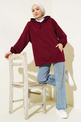 Kapüşonlu Oversize Sweat Bordo - Thumbnail