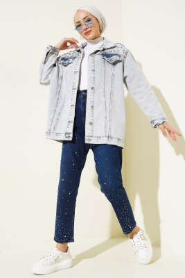 Taşlı Kot Ceket Açık Kar - Thumbnail