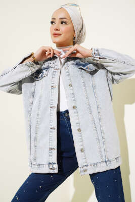 Taşlı Kot Ceket Açık Kar - Thumbnail