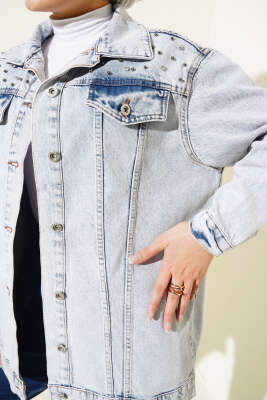 Taşlı Kot Ceket Açık Kar - Thumbnail