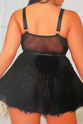 Zincir Detaylı Büyük Beden Faztezi Gecelik Siyah - Thumbnail