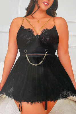 Zincir Detaylı Büyük Beden Faztezi Gecelik Siyah - Thumbnail