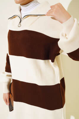 Kalın Çizgili Yarım Fermuarlı Triko Takım Taş - Thumbnail