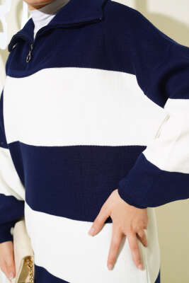 Kalın Çizgili Yarım Fermuarlı Triko Takım Lacivert - Thumbnail