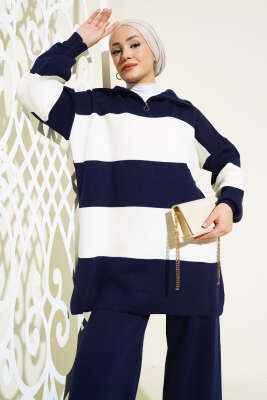 Kalın Çizgili Yarım Fermuarlı Triko Takım Lacivert - Thumbnail