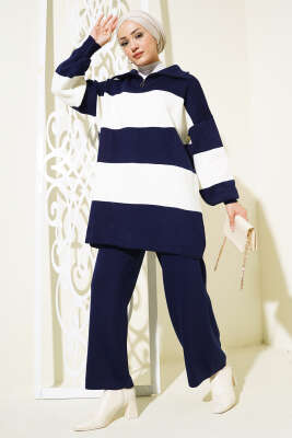 Kalın Çizgili Yarım Fermuarlı Triko Takım Lacivert - Thumbnail