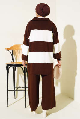 Kalın Çizgili Yarım Fermuarlı Triko Takım Kahve - Thumbnail