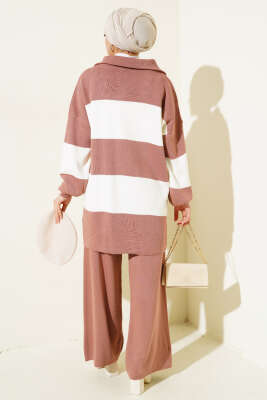 Kalın Çizgili Yarım Fermuarlı Triko Takım Gül Kurusu - Thumbnail