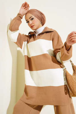 Kalın Çizgili Yarım Fermuarlı Triko Takım Büsküvi - Thumbnail