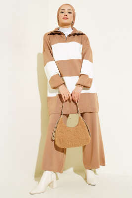 Kalın Çizgili Yarım Fermuarlı Triko Takım Büsküvi - Thumbnail