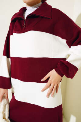 Kalın Çizgili Yarım Fermuarlı Triko Takım Bordo - Thumbnail