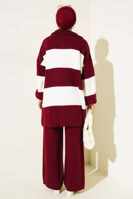 Kalın Çizgili Yarım Fermuarlı Triko Takım Bordo - Thumbnail