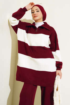 Kalın Çizgili Yarım Fermuarlı Triko Takım Bordo - Thumbnail