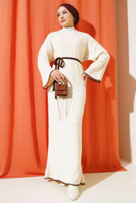 Midye Dikişli Fitilli Triko Elbise Taş - Thumbnail