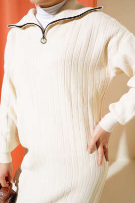 Fitilli Yarım Fermuarlı Düz Triko Elbise Taş - Thumbnail