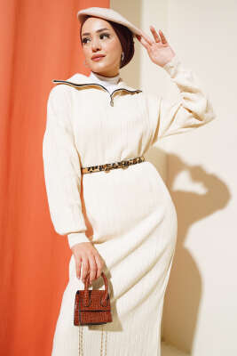 Fitilli Yarım Fermuarlı Düz Triko Elbise Taş - Thumbnail