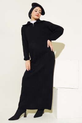 Fitilli Yarım Fermuarlı Düz Triko Elbise Siyah - Thumbnail
