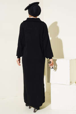 Fitilli Yarım Fermuarlı Düz Triko Elbise Siyah - Thumbnail