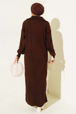 Fitilli Yarım Fermuarlı Düz Triko Elbise Kahve - Thumbnail