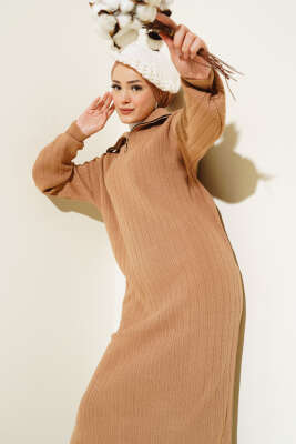 Fitilli Yarım Fermuarlı Düz Triko Elbise Büsküvi - Thumbnail