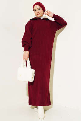 Fitilli Yarım Fermuarlı Düz Triko Elbise Bordo - Thumbnail