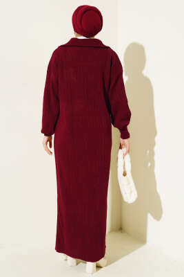 Fitilli Yarım Fermuarlı Düz Triko Elbise Bordo - Thumbnail