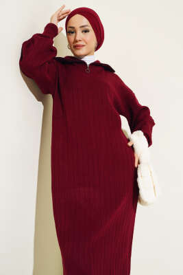 Fitilli Yarım Fermuarlı Düz Triko Elbise Bordo - Thumbnail