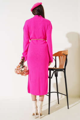 Yırtmaçlı Fitilli Triko Midi Elbise Fuşya - Thumbnail