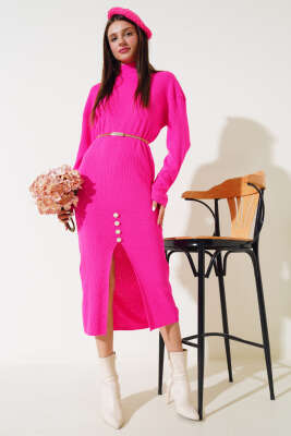 Yırtmaçlı Fitilli Triko Midi Elbise Fuşya - Thumbnail