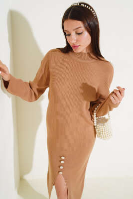 Yırtmaçlı Fitilli Triko Midi Elbise Büsküvi - Thumbnail