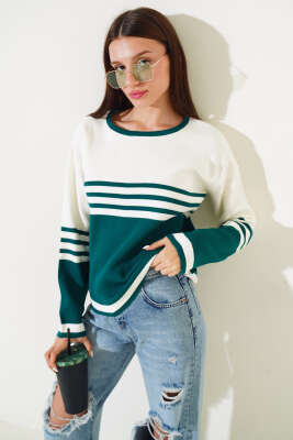 Çizgi Detaylı Triko Kazak Zümrüt - Thumbnail