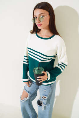 Çizgi Detaylı Triko Kazak Zümrüt - Thumbnail