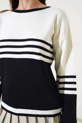 Çizgi Detaylı Triko Kazak Siyah - Thumbnail